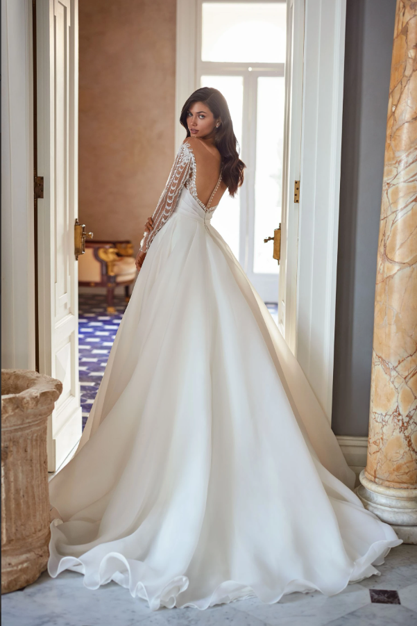 Aselina 3335 Royal Ball Gown Wedding Dress – Textured Organza Skirt, Lace Sleeves & Draped Bodice
